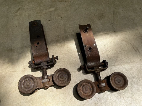 ANTIQUE BARN DOOR ROLLERS Vtg Cast Iron Hanger Pair Hardware Parts Repair Lot Cover
