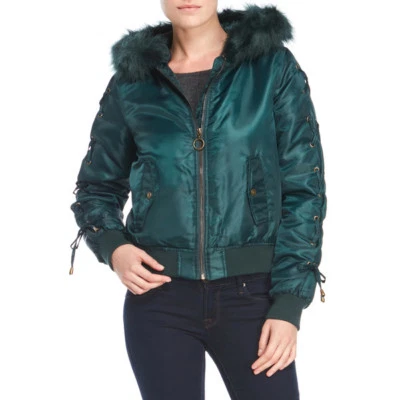 Kensie Puffer Winter Crop Jacket Coat Jade Green Faux Fur Hood Lace Up Sz M NWT - Image 1 of 4