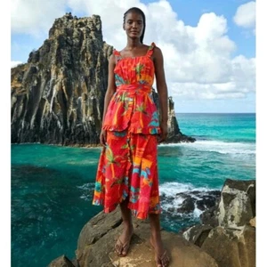Vestido FARM Rio Midi XL Rojo Ipanema Volantes Sin Mangas Tropical Resortwear - Imagen 1 de 15