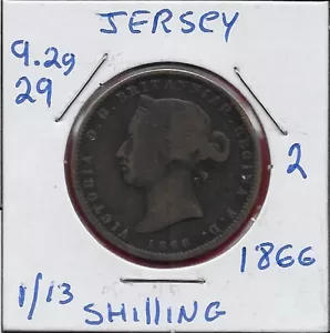 JERSEY 1/13 SHILLING 1866 RULER:VICTORIA,MINTAGE 173,000,CROWNED HEAD LEFT,ORNAT - Picture 1 of 2
