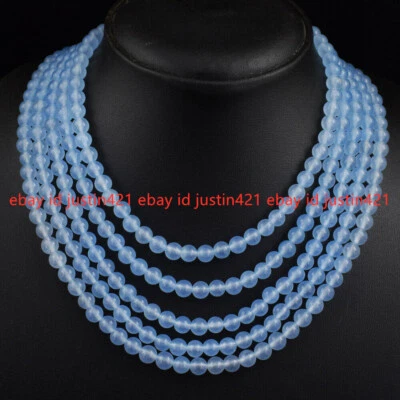 Collar de piedras preciosas 5 filas 6 mm calcedonia azul natural cuentas redondas 17-22" AAA Foto 1 de 4