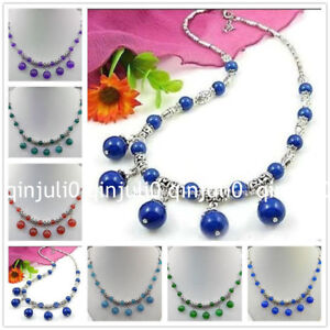 Wholesale LOVELY NATURAL ROUND GEMS BEADS PENDANTS & TIBET SILVER NECKLACE 18"