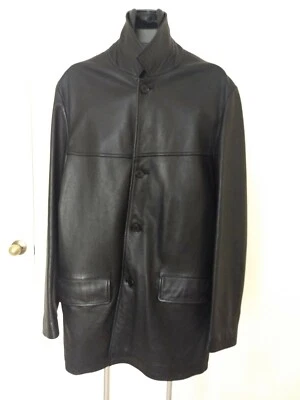 DKNY Hombres Negro Grueso Cuero Chaqueta Larga Abrigo S Pequeño Donna Karan Moda Foto 1 de 4