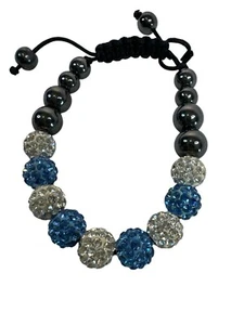 Adjustable Black Cord Bracelet Blue & Clear Rhinestone Beads & Hematite Accents - Picture 1 of 2