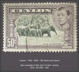 Ceylon - 1942 - KGVI - 50c Black & Mauve - ULH - SG 394c - Perf 14 line - Bild 1 von 2
