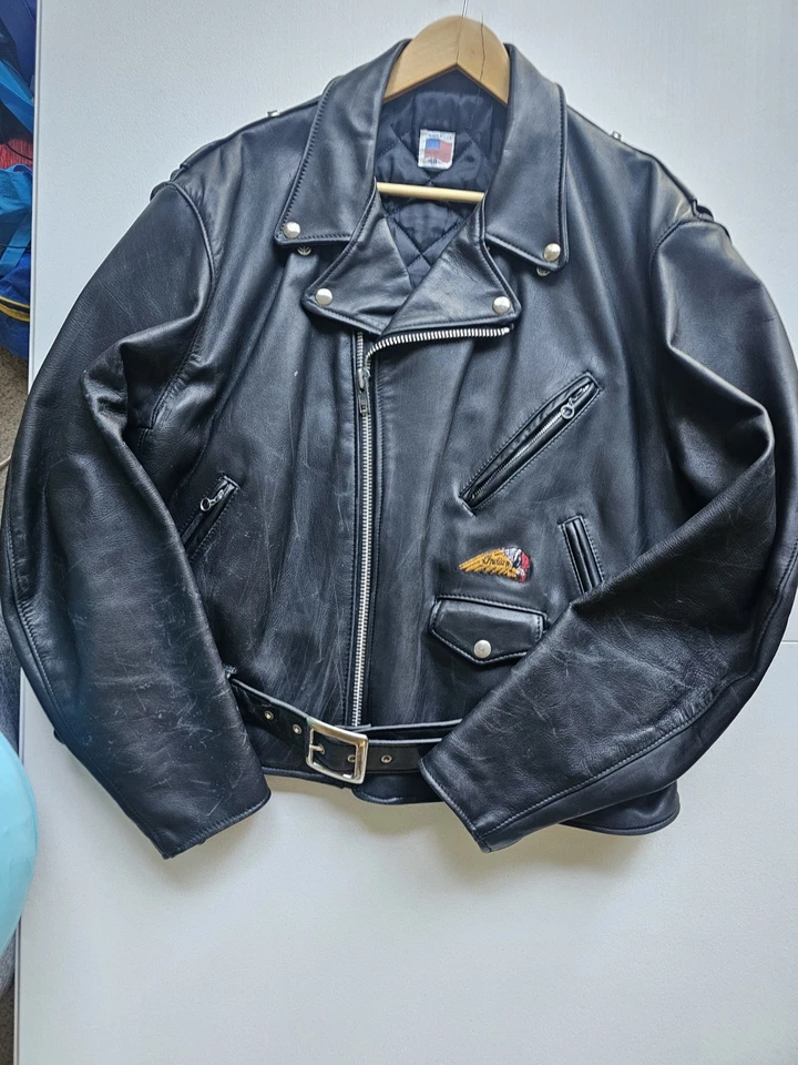 Chaqueta de Motocicleta India Vintage Cuero Negro Bandera Americana Talla 48 Foto 1 de 4