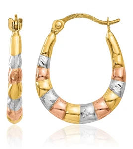 14K Solid Two Tone Gold Rose Oval Small Hoop Earrings - Picture 1 of 11