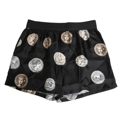DOLCE & GABBANA Swimwear Black Silk Ancient Coin Print Boxer Short IT4/US S $680 - Image 1 of 4