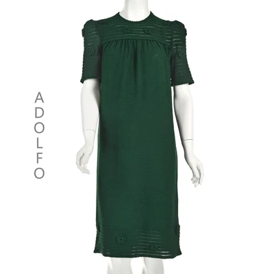 Vestido recto tejido verde bosque vintage ADOLFO con flores de ganchillo TALLA 6-8 mediano Foto 1 de 4