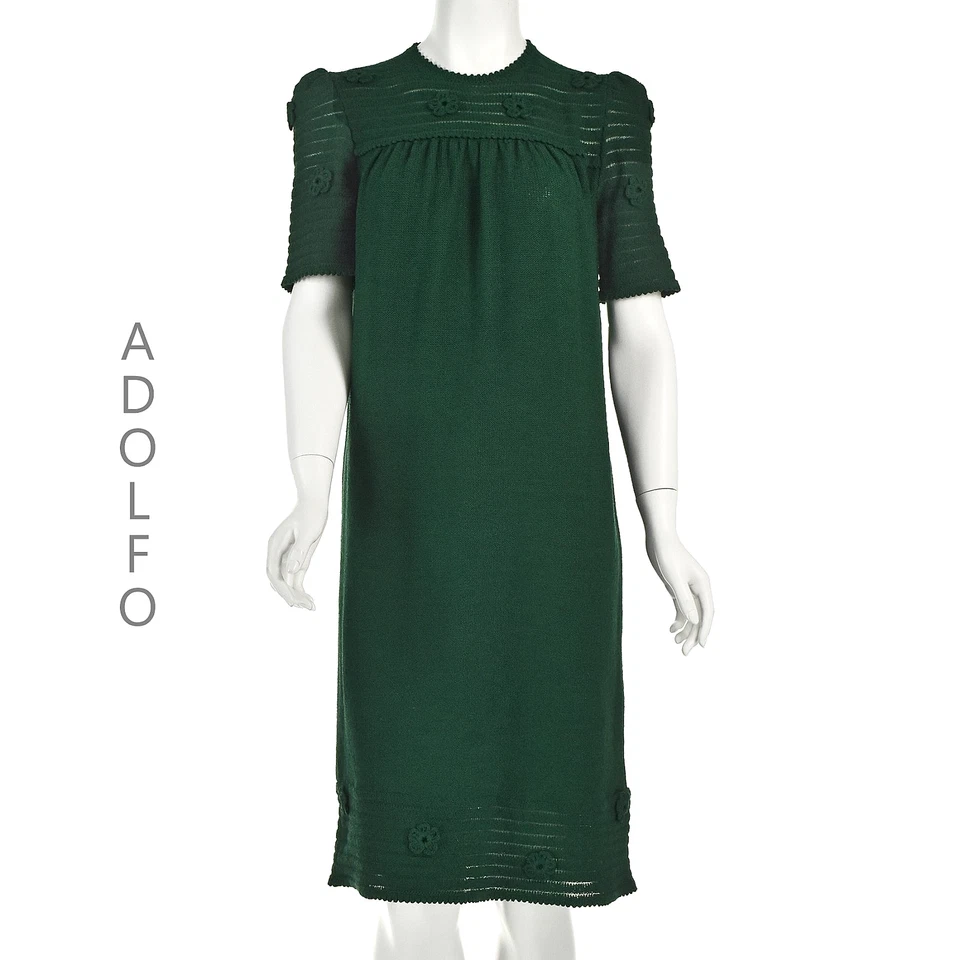Vestido recto tejido verde bosque vintage ADOLFO con flores de ganchillo TALLA 6-8 mediano Foto 1 de 4