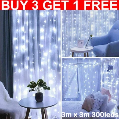 300LED Curtain Fairy Lights String Indoor/Outdoor Backdrop Wedding Xmas Party UK - Image 1 of 4