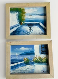 2 Small Blue Mediterranean Villa Sailboats Original Oil Paintings Spanos Framed - Picture 1 of 9