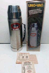 Vintage Uno-Vac 1 Qt Unbreakable Stainless Steel Vacuum Bottle Thermos Box Open - Picture 1 of 14