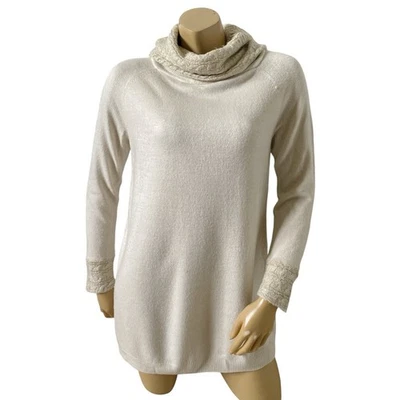 White Stag Medium Sparkly Metallic Trim Turtleneck Tunic Sweater Beige Gold - Image 1 of 4