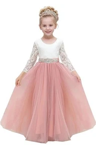 Lace V Back Flower Girl Dress Tulle Princess Party Dress Size 6-7 Wedding Bridal - Picture 1 of 4
