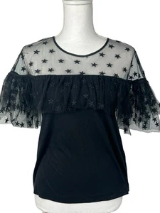 J. Crew Women M Ruffle Star Print Mesh Top Short Sleeve Blouse Color Black - Picture 1 of 24