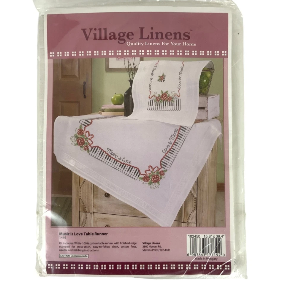 Village Linens 1449 Music Is Love Cross Stitch Table Runner Craft Kit 16x36 - Image 1 of 2