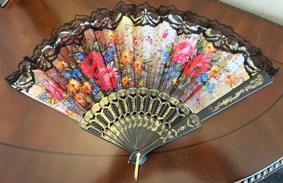 Floral Folding Hand Fan Vintage Flower Pattern Dance Party Home Décor  L-10" - Image 1 of 1