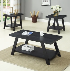 Athens Contemporary Replicated Wood Shelf Coffee Set Table in Black Finish - Picture 1 of 9