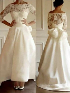 Vintage Maxi Wedding Dresses Lace Satin High Low Bridal Gown 3/4 Sleeves 2 4 6++ - Picture 1 of 4