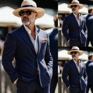 Navy Linen Men's Suits Casual Blazer Summer British Style Wedding Tuxedos Coat - Picture 1 of 9