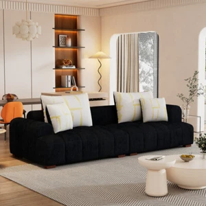103.9" Corduroy Fabric Comfy Sofa with Rubber Wood Legs, 4 Pillows, Black - Picture 1 of 23
