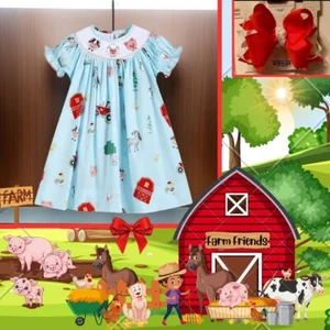 Girls NWT Lil Cactus Smocked Dress Long Farm Animals Free Bow 5 - Picture 1 of 8