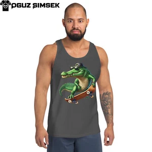 Men’s Staple Tank Top | Bella + Canvas | Cool Skateboard Crocodile Graphic - Picture 1 of 20