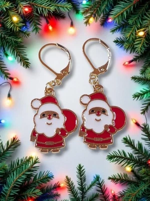 Pendientes colgantes de Navidad de Papá Noel con cierre de palanca dorado  Foto 1 de 4