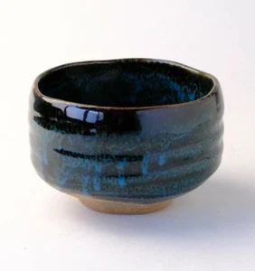 Mino ware Pottery Tea Cup Japanese Matcha Tea Bowl Chawan Blue Tenmoku Japan - Picture 1 of 5