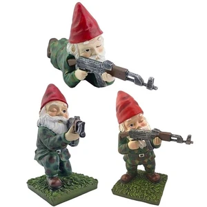 Garden Gnomes Military Gnome Statues with Fake Gun Funny Army Gnomes // - Picture 1 of 15