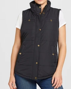 Damen schwarz gesteppte gefütterte Weste M Reißverschluss vorne goldene Druckknöpfe Style & Co Sport Winter - Bild 1 von 11