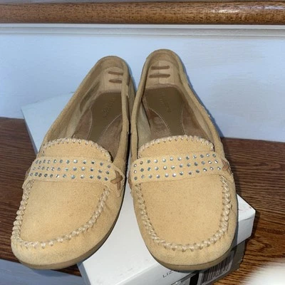 Liz Claiborne Flex saffron yellow Suede Flat shoes moccasin style rhinestones - Image 1 of 4