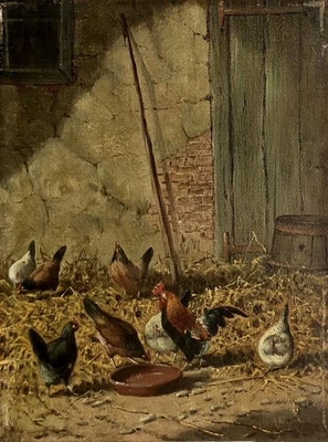 Antigua pintura al óleo ALIMENTACIÓN DE POLLOS monograma firmado c1890 pintura fina Foto 1 de 4