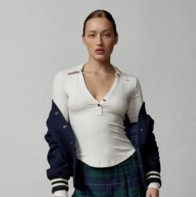 BDG Taylor Polo Shirt Womens Med Ivory Fitted Cropped Long Sleeve Academia Prep - Image 1 of 4