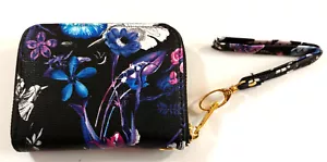 Wallet Womens Clutch Zip Up Wristlet Floral Black Butterfly 4 Inch Purple Blue - Picture 1 of 6