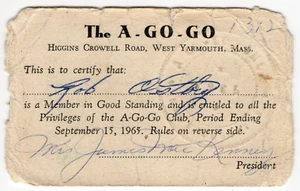 Vintage 1965 "THE A-GO-GO" West Yarmouth MA Rock Concert Venue Membership Card - Picture 1 of 2