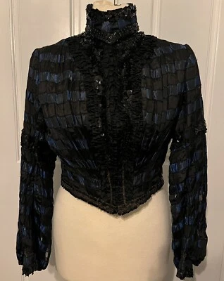 Antique Victorian Blue Black Striped Silk Jacket Coat Sequin Beaded Trim Collar - Image 1 of 4