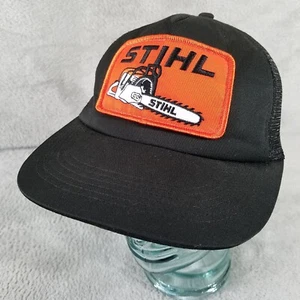 Stihl Chainsaw Hat Mens Black Orange Patch Adjustable Snapback Trucker Cap - Picture 1 of 8
