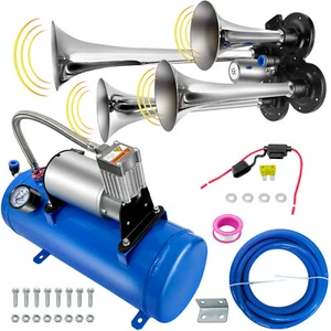 Train Horns Kit 4 Trumpet Air Horn Kit 120 psi Air Compressor 1.6 Gal Tank - Foto 1 di 8