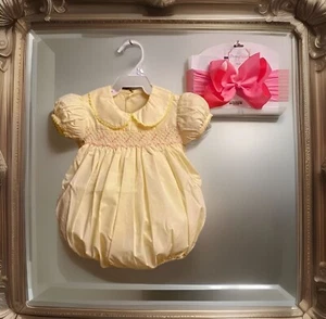 Girls NWT Phoenix & Ren by Remember Nguyen Smocked Bubble Romper Free Bow 9 Mos - Picture 1 of 10