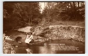 My Birthday Wish RPPC Postcard Victorian Children In Canoe Boat EAS Germany - Picture 1 of 2