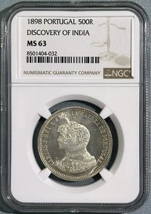 Portugal 1898 Silver 500 Reis BU Coin 400th Discovery of India Carlos NGC MS 63 - Picture 1 of 2