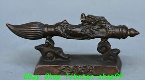 5.1'' Old Chinese Bronze Dragon Writing Brush Penholder Pen Brush Rack Statue