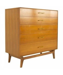 Rway Mid Century 5 Drawer Walnut and Brass Highboy Dresser - Picture 1 of 11