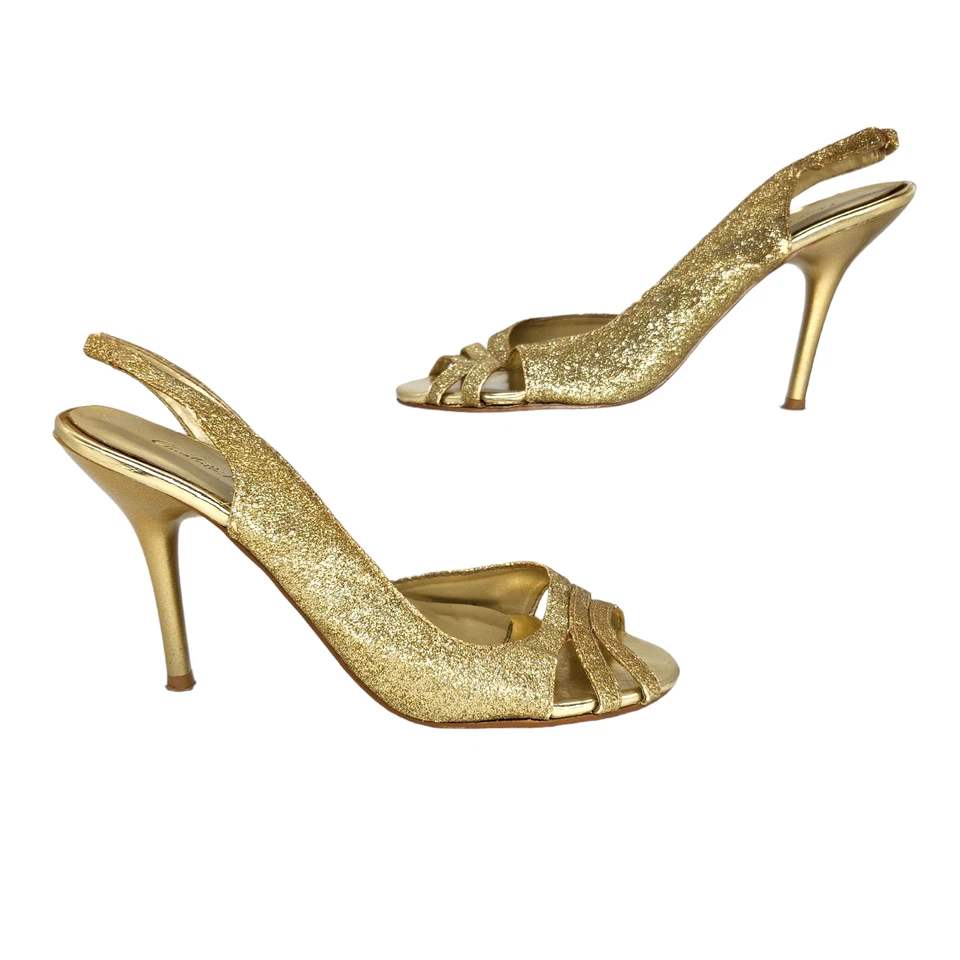 Tacones Charlotte Russe 6 dorados brillantes gatito graduación tiras noche Foto 1 de 4