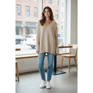 French Connection Pullover beige V-Ausschnitt gerippte Ärmel Oversize M - Bild 1 von 4