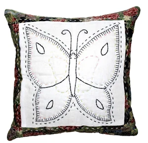 Throw Pillow Made With Vintage Butterfly Hand Stitched Applique Embroidery Quilt - Picture 1 of 5