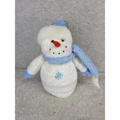 Adorno de muñeco de nieve de felpa campana de Navidad sombrero bufanda azul blanco decoración navideña Foto 1 de 4