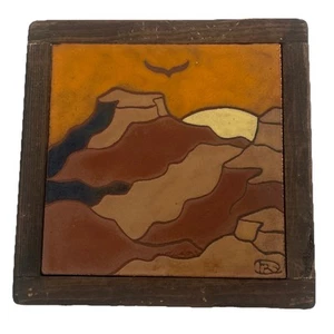 Signed Wall Tile / Trivet Mountain Scape Sunset Eagle 7.25" x 7.5" - Picture 1 of 10